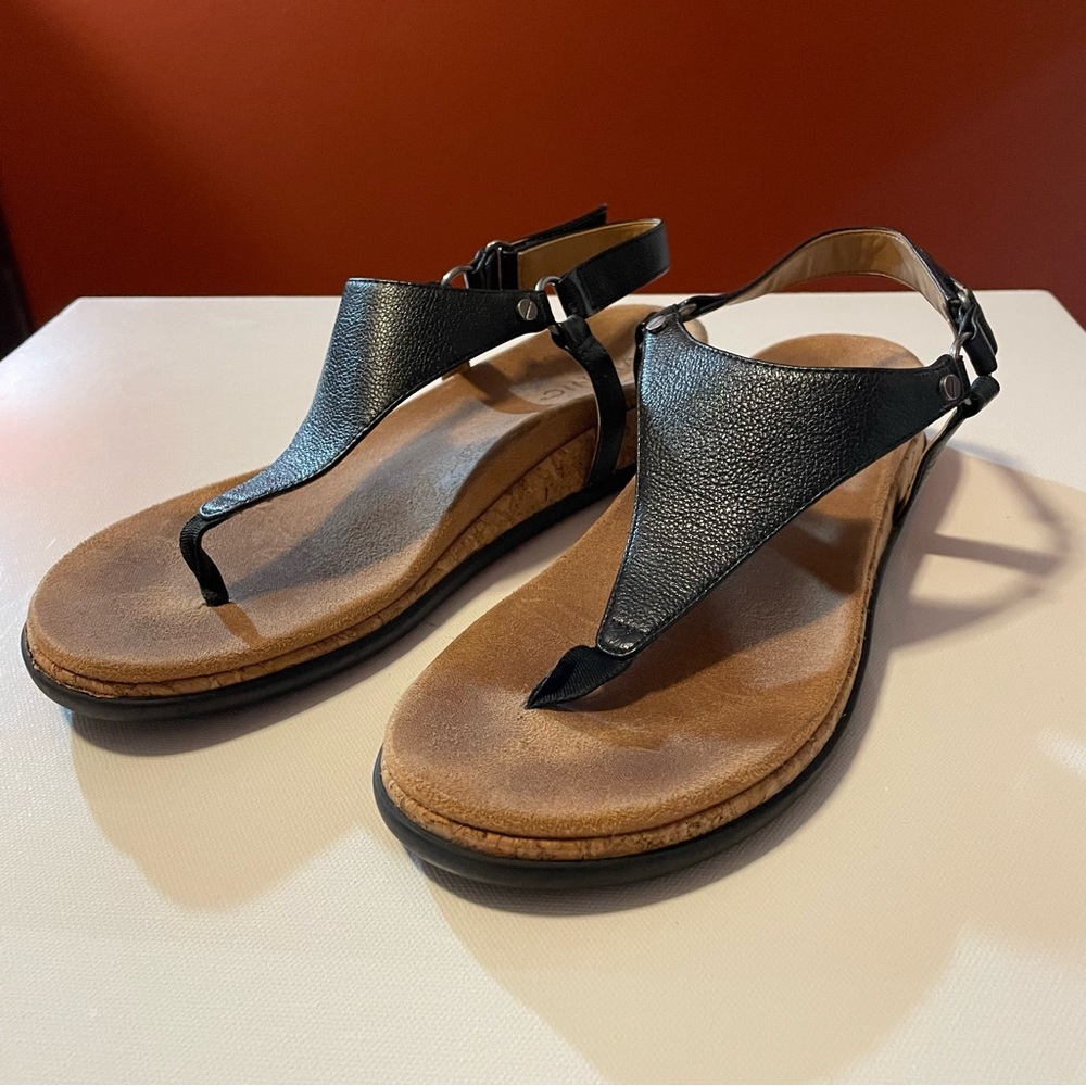 Vionic Women’s Kirra II Black‎ Leather Toe Post Sling Back Comfort Cork Sandal